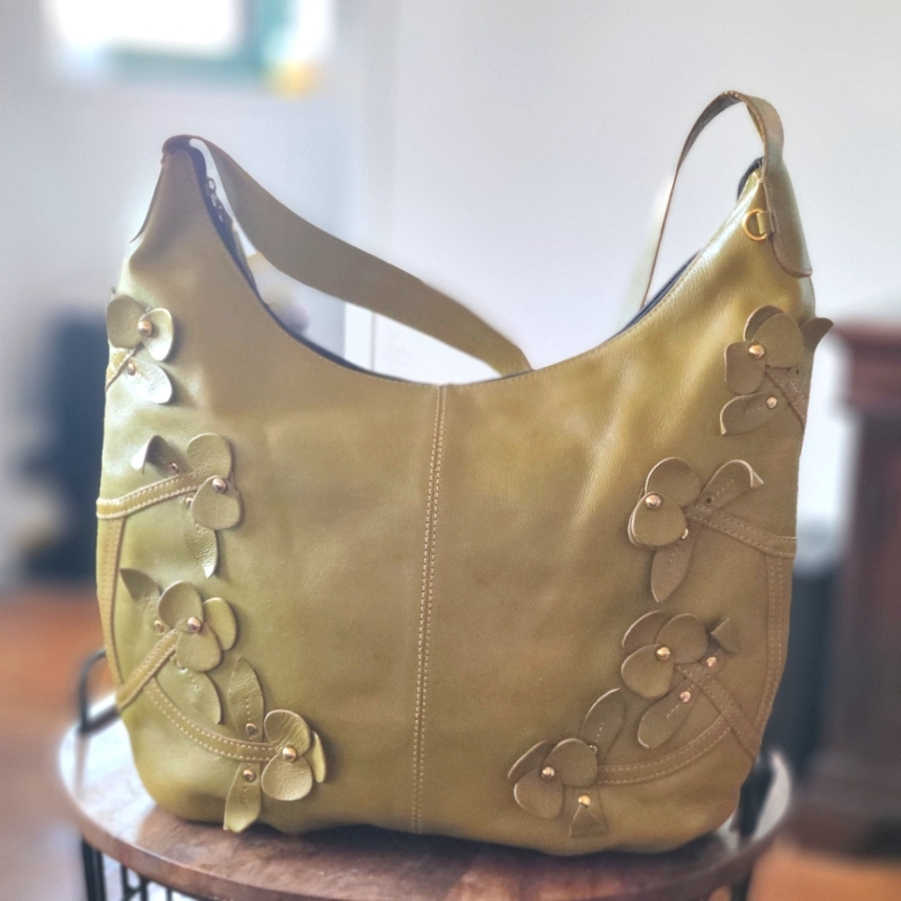 Leather Shoulder Hobo Bag, Olive Green, Flowers Applique